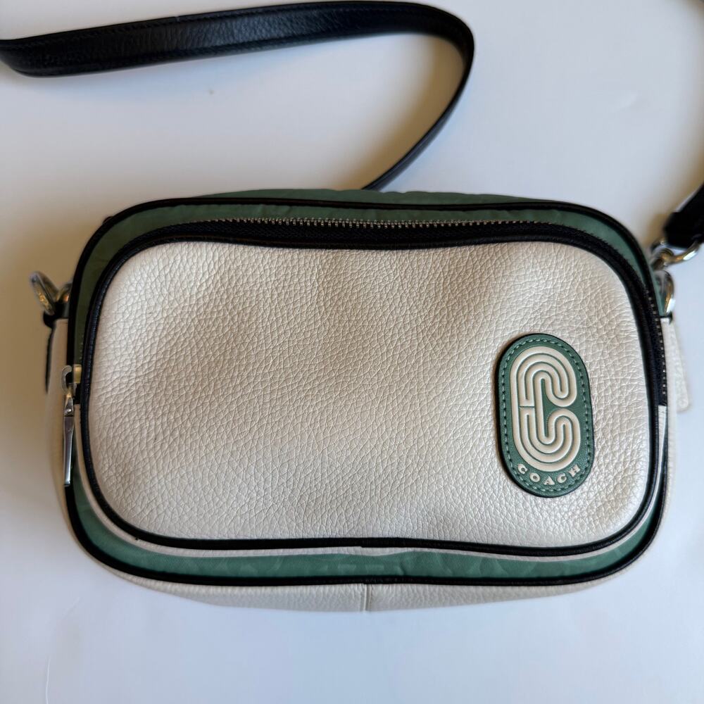 Coach Court Colorblock Crossbody Bag Green White Leather Nylon Signature - Picture 3 of 14